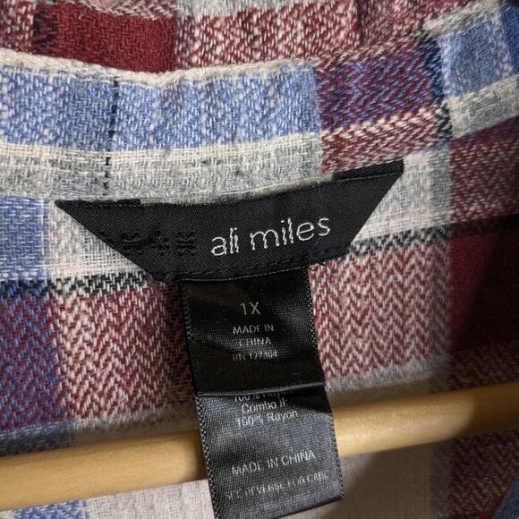 Ali Miles Patchwork Tunic Top 1X Mixed Media Floral Plaid Button Front Raw Hem - Picture 7 of 10